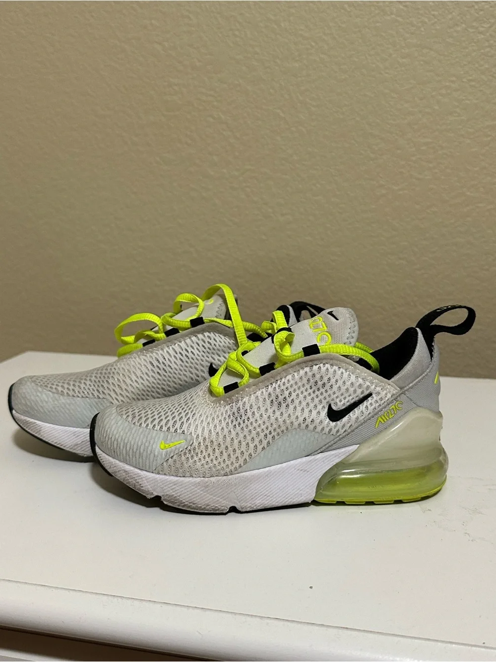EASILY WASHABLE | Nike Kids' Air 270 React Sneakers in Light Gray and Volt